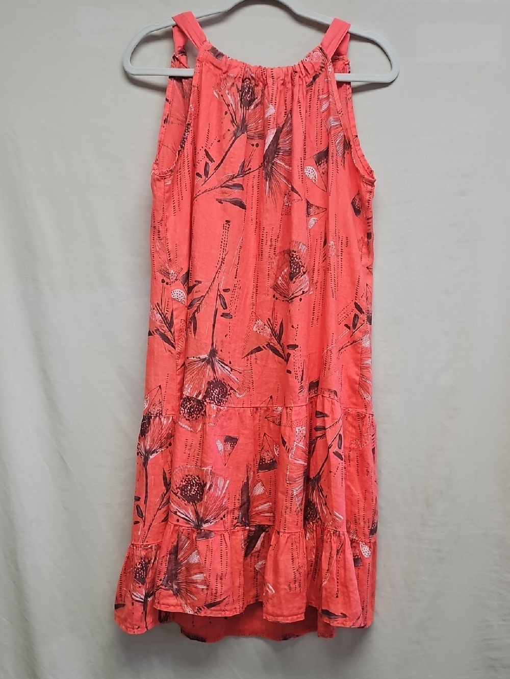 100% Linen Sleeveless Coral Floral Midi Dress with Halter Neck